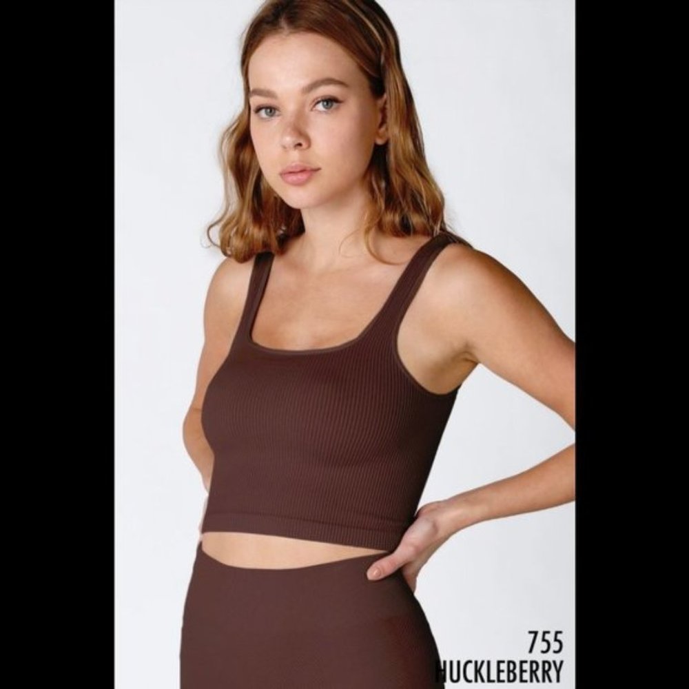NEW Huckleberry Brown Square Neck Ribbed Crop Top by Nikibiki